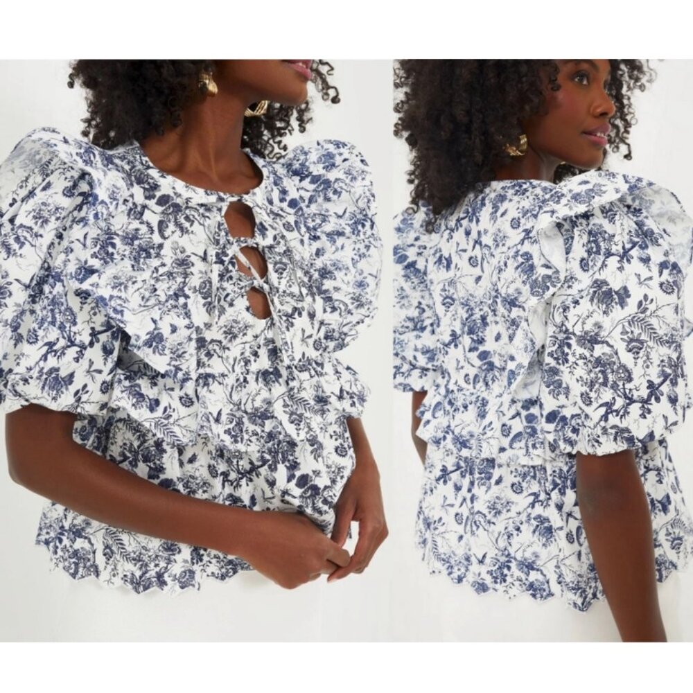 NWT HYACINTH HOUSE Nadia Blouse Navy Floral Ruffle Cotton Tuckernuck Size XL